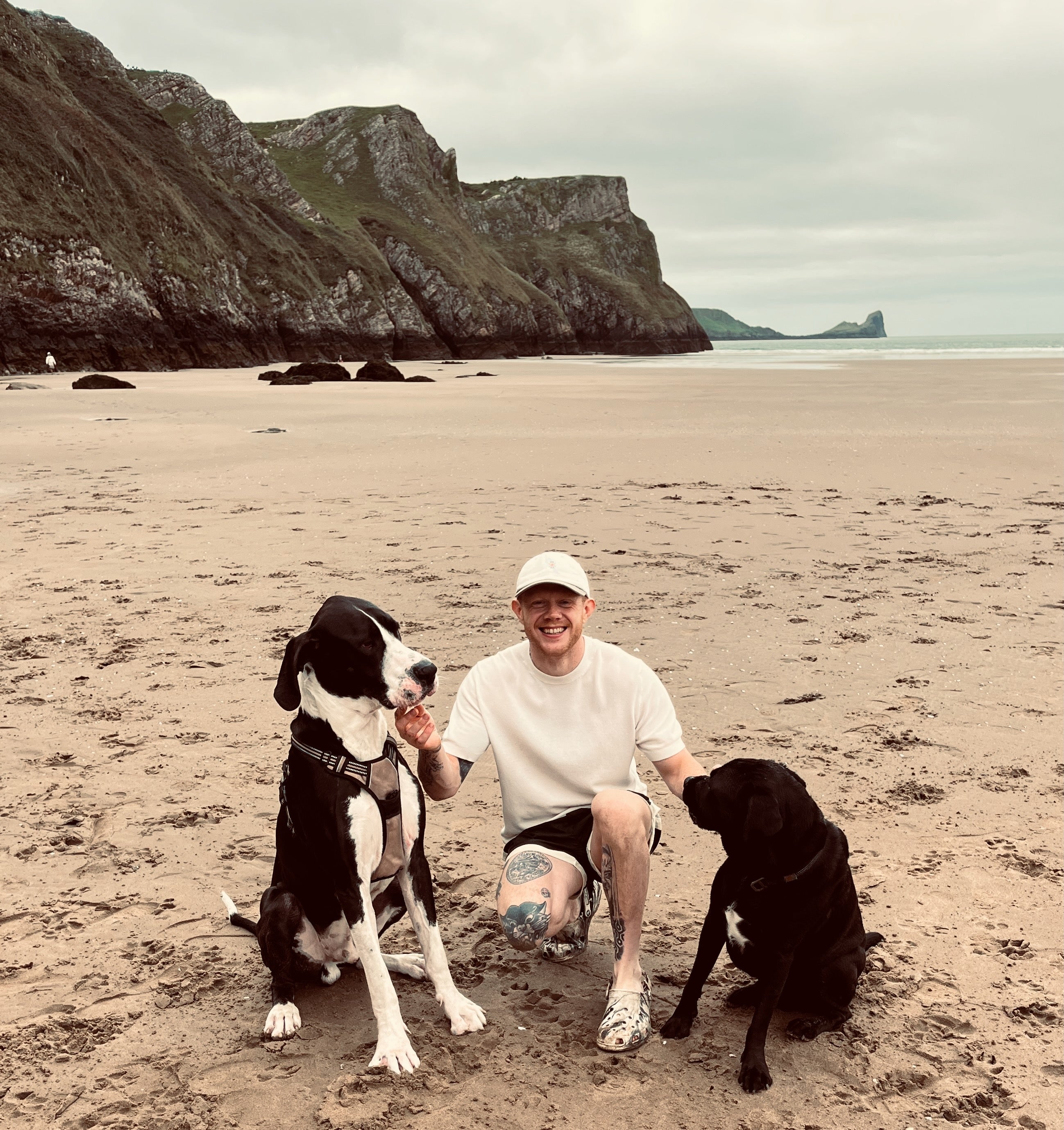 Aquiesce and founder with his 2 dogs on a beach.